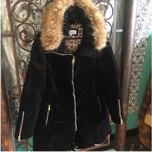 Calvin Klein black velvet faux fur hood in size L